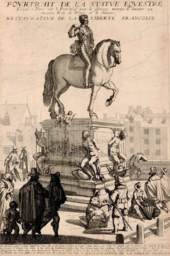Portrait de la statue équestre élevée à Paris, sur le Pont Neuf, pour la glorieuse mémoire de Henri le Grand, roi de France et de Navarre, restaurateur de la liberté française. Estampe de 1722