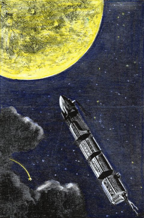 Gravure couleur d'après un dessin paru dans une édition du XIXe siècle de De la Terre à la Lune