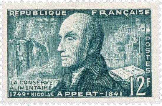 Nicolas Appert. Timbre émis le 7 mars 1955 dans la série Inventeurs. Dessin de Henry Cheffer