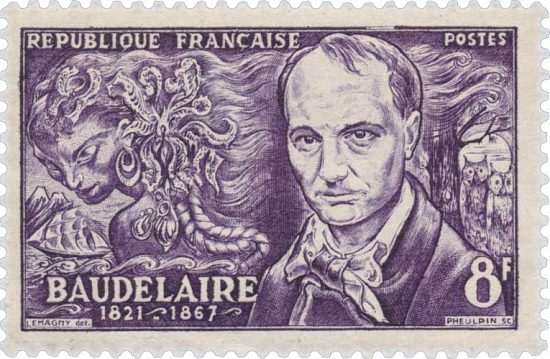 Charles Baudelaire. Timbre émis le 29 octobre 1951 dans la série À la gloire de la poésie moderne. Dessin de Paul-Pierre Lemagny
