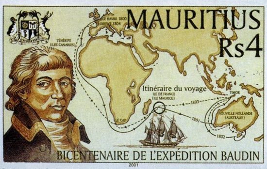 Timbre de Maurice émis en 2000 à l'effigie de Nicolas Baudin pour célébrer le bicentenaire de l'expédition des terres australes