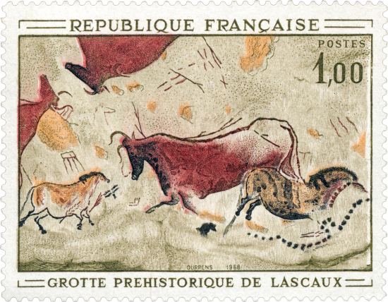 Peintures rupestres de la grotte de Lascaux à Montignac (Dordogne). Timbre émis le 16 avril 1968. Création de Claude Durrens