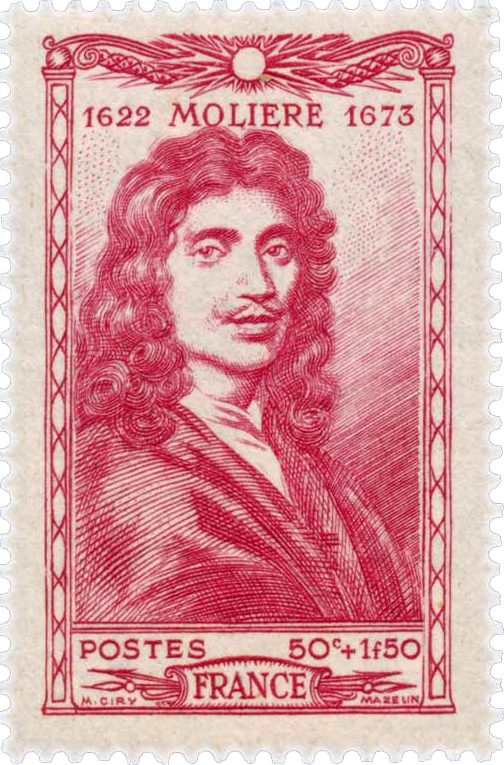 Jean-Baptiste Poquelin dit Molière. Timbre émis le 31 juillet 1944 dans la série Personnages célèbres du XVIIe siècle. Dessin de Michel Ciry