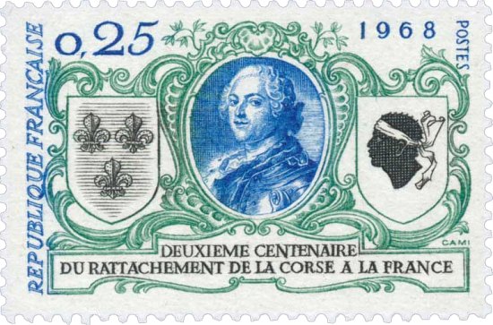 Timbre émis le 7 octobre 1968 pour le bicentenaire du rattachement de la Corse à la France. Dessin de Robert Cami, d'après Quentin de La Tour