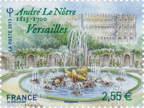 Fontaine de l'Encelade au coeur des jardins de Versailles créés par André Le Nôtre. Timbre émis le 3 juin 2013 dans la série Jardins de France. Dessin de Noëlle Le Guillouzic