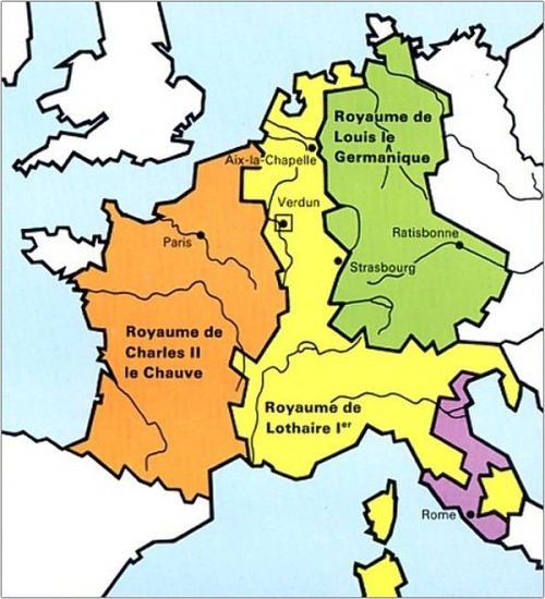 Partage de l'empire de Charlemagne défini par le traité de Verdun
