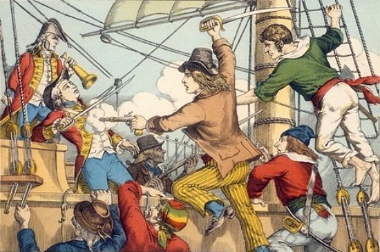 Prise du Triton par Robert Surcourf à bord de l'Émilie, le 29 janvier 1796. Détail d'une image d'Épinal de la série Gloires nationales (1914)