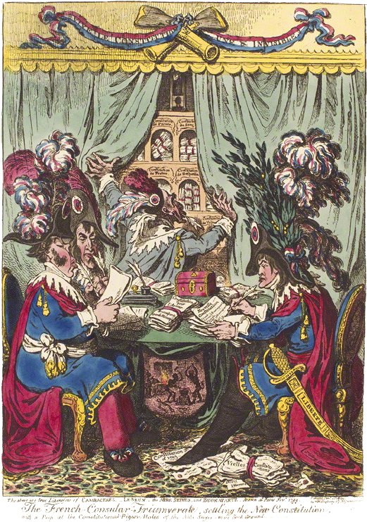 Cambacérès, Lebrun, l'abbé Sieyès et Bonaparte rédigeant la Constitution de l'an VIII. Dessin paru le 1er janvier 1800