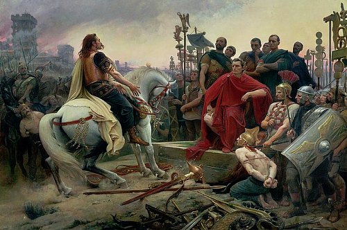Vercingétorix jette ses armes aux pieds de César. Peinture de Lionel Royer (1899)
