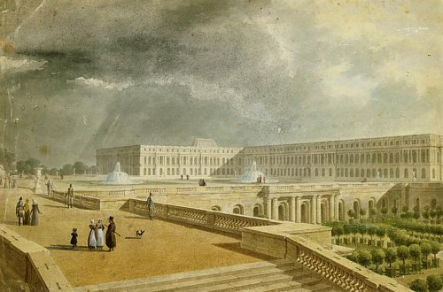 Vue du château de Versailles et de l'Orangerie depuis les Cent Marches (XIXe siècle)