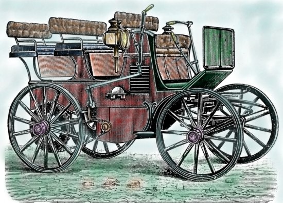 Voiture électrique de la fin du XIXe siècle. Gravure du temps colorisée