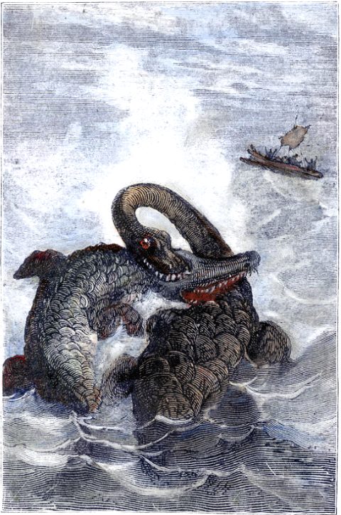 Un ichtyosaure et un plésiosaure se livrant un combat mortel. Gravure couleur d'après un dessin d'Edouard Riou extrait d'une édition du XIXe siècle de Voyage au centre de la Terre