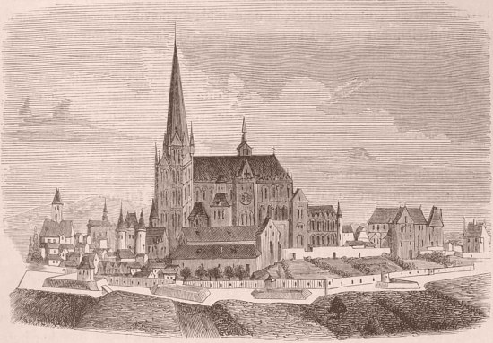 L'abbaye de Saint-Denis et ses dépendances, d'après un dessin de la fin du XVIe siècle. Gravure publiée en 1850 dans Le Moyen Age et la Renaissance (Tome 3), par Paul Lacroix
