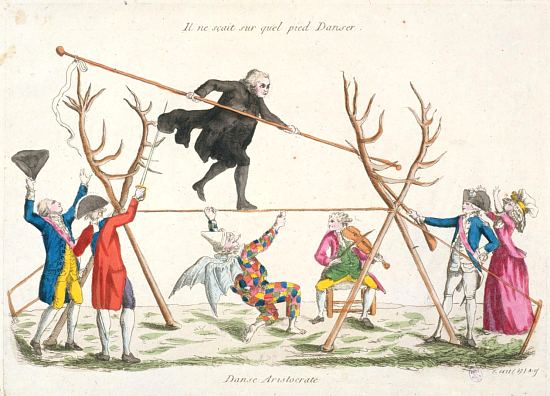 Il ne sait sur quel pied danser. Danse aristocrate. Caricature anonyme de 1790 montrant l'abbé Maury sur une corde raide tenue par le diable habillé en bouffon, encouragé à gauche par deux aristocrates et harcelé à droite par deux membres du tiers-état