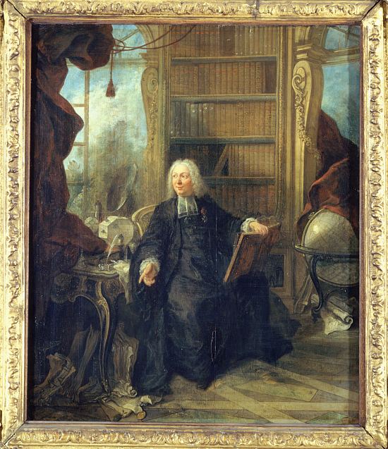 L'abbé Nollet dans son cabinet de travail du pavillon d'optique du château de la Muette. Peinture de Jacques de Lajoüe (vers 1740)