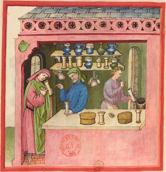 Achat de la thériaque. Enluminure extraite du Tacuinum sanitatis (manuscrit latin n°9333), manuel médiéval sur la santé basé sur un traité médical arabe écrit au milieu du XIe siècle