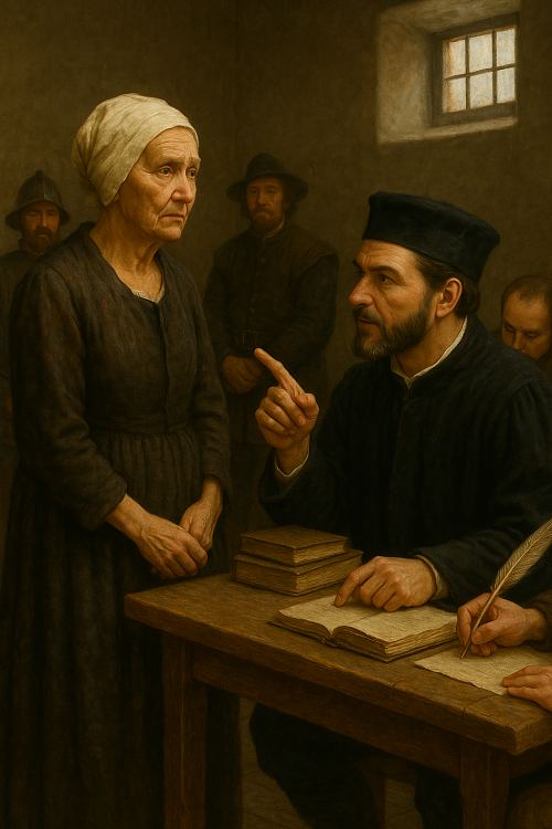 Reconstitution artistique de la scène d'interrogatoire d'Adrienne d'Heur