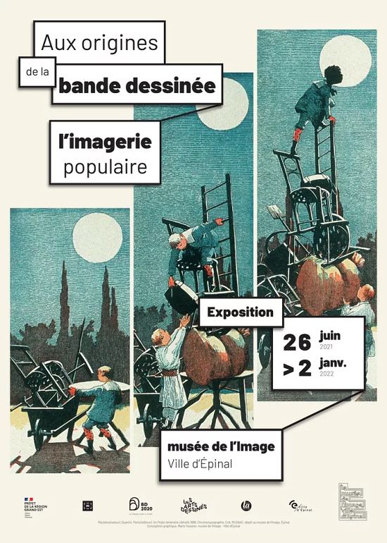Affiche de l'exposition Aux origines de la bande dessinée : l'imagerie populaire présentée au musée de l'Image d'Épinal (Vosges) jusqu'au 2 janvier 2022