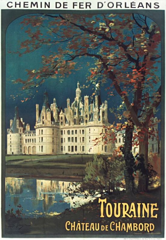 Affiche publicitaire de 1910 pour la Compagnie du chemin de fer de Paris à Orléans. Château de Chambord. Illustration de Louis Tauzin (1842-1915)