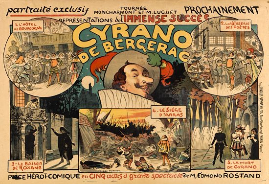 Représentations de l'immense succès Cyrano de Bergerac. Affiche publicitaire de 1898 composée par Lucien Métivet (1863-1932)