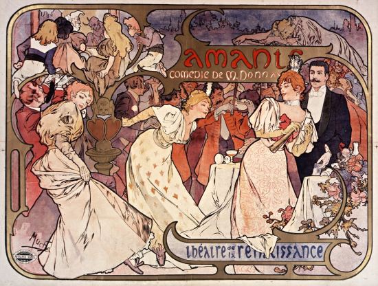 Affiche réalisée par Alphonse Mucha pour la comédie Amants au Théâtre de la Renaissance (1895)