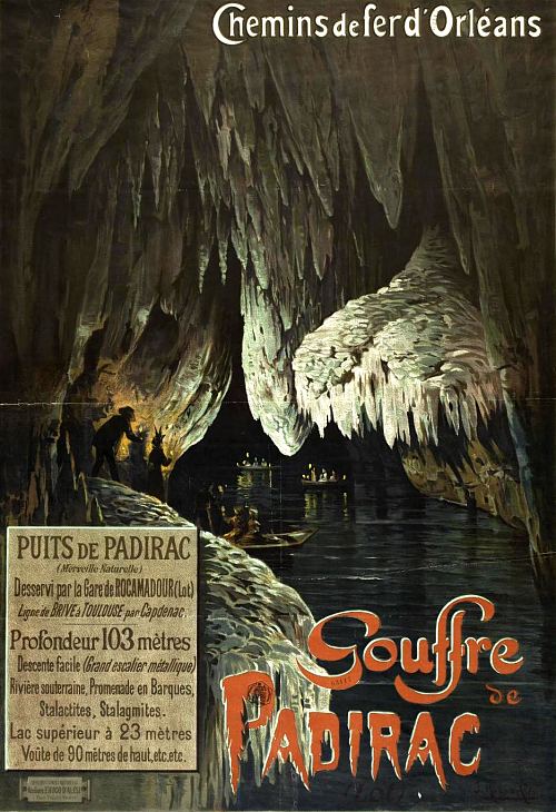 Affiche publicitaire pour le Gouffre de Padirac réalisée par Frédéric Alexianu dit F. Hugo d'Alesi en 1899