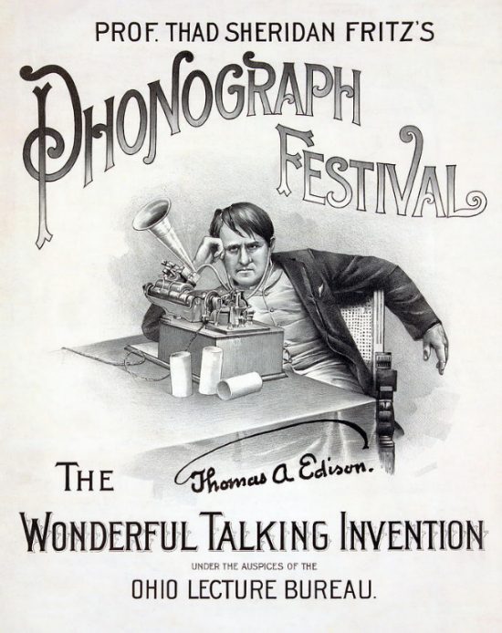 Affiche pour le Sheridan Fritz's Phonograph Festival de 1890, avec un portrait de Thomas Edison près de son invention