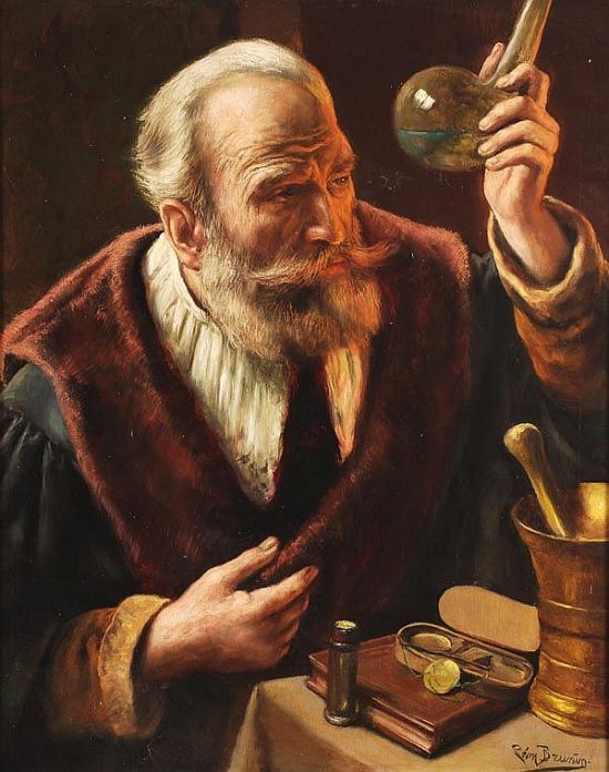 L'alchimiste. Peinture de Léon de Meutter Brunin (vers 1900)