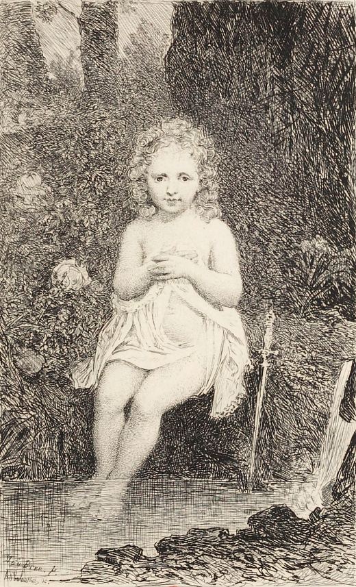 Alfred de Musset à l'âge de trois ans. Gravure de 1891 insérée dans l'édition de 1892 du conte La Mouche d'Alfred de Musset et réalisée d'après la peinture de van Brée composée en 1814
