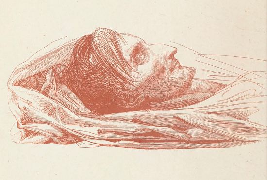 Louis Bertrand dessiné à l'Hôpital Necker, la veille de sa mort, lorsqu'il me disait : Je vous entends, mais je ne vous vois plus. Dessin de David d'Angers