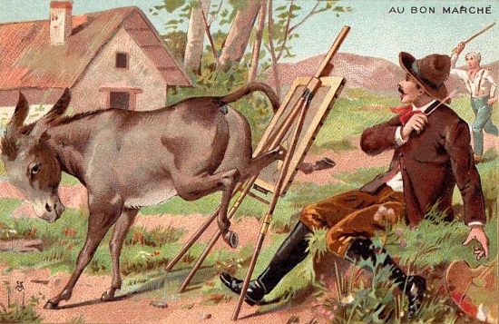 Le peintre dans la nature, le coup de pied de l'âne. Chromolithographie publicitaire Au Bon Marché de la fin du XIXe siècle