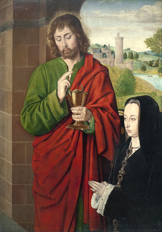 Anne de France, dame de Beaujeu, duchesse de Bourbon, présentée par saint Jean l'Évangéliste. Peinture sur panneau de bois du maître de Moulins (identifié avec Jean Hey) vers 1492-1493
