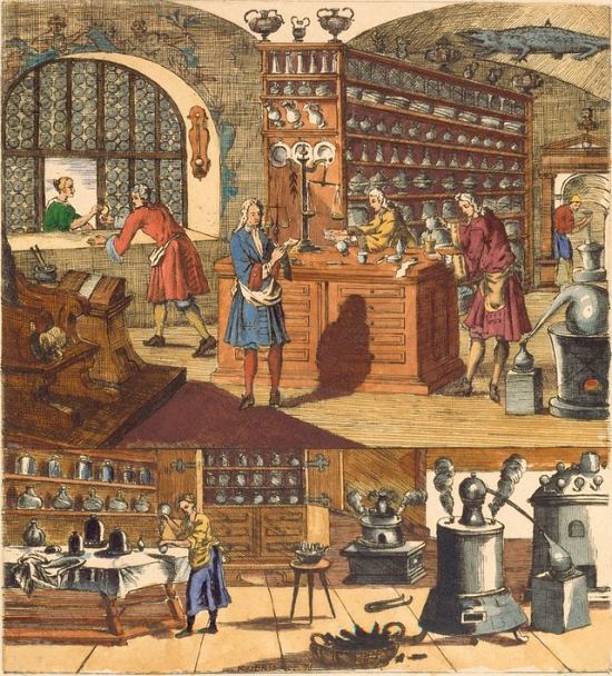 Chez un apothicaire de la fin du XVIIe siècle (en haut : boutique ; en bas : laboratoire). Illustration réalisée de J. Schweitzer d'après une gravure d'Auguste Christian Fleischmann extraite de l'ouvrage Hausväterbuch de Franz Philipp Florinus (1702)