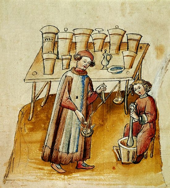 Un apothicaire et son auxiliaire avec balance et mortier un remède aux herbes médicinales. Enluminure italienne de la fin du XIVe siècle extraite du Tacuinum sanitatis in medicina