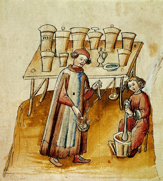 Un apothicaire et son auxiliaire avec balance et mortier un remède aux herbes médicinales. Enluminure italienne de la fin du XIVe siècle extraite du Tacuinum sanitatis in medicina Un apothicaire et son auxiliaire avec balance et mortier un remède aux herbes médicinales. Enluminure italienne de la fin du XIVe siècle extraite du Tacuinum sanitatis in medicina
