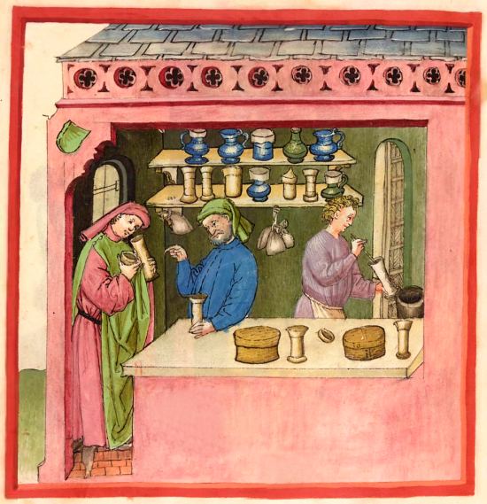 Apothicaire délivrant de la thériaque. Enluminure extraite du Tacuinum sanitatis (Tableau de santé) dans sa version latine illustrée du milieu du XVe siècle (manuscrit cote 9333)
