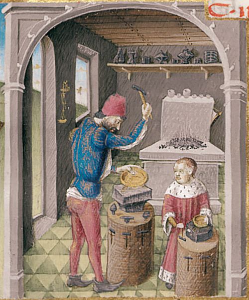 L'apprenti forgeron. Enluminure extraite de Mare historiarum (La Mer des histoires) par Giovanni Colonna, historien italien du XIVe siècle, dans une version enrichie datant d'environ 1450 (manuscrit latin n°4915 de la BnF)