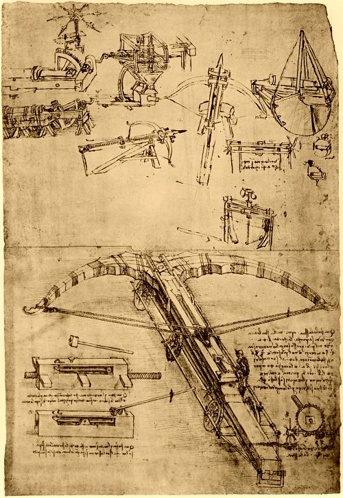 Étude de Léonard de Vinci sur une arbalète géante (vers 1490)