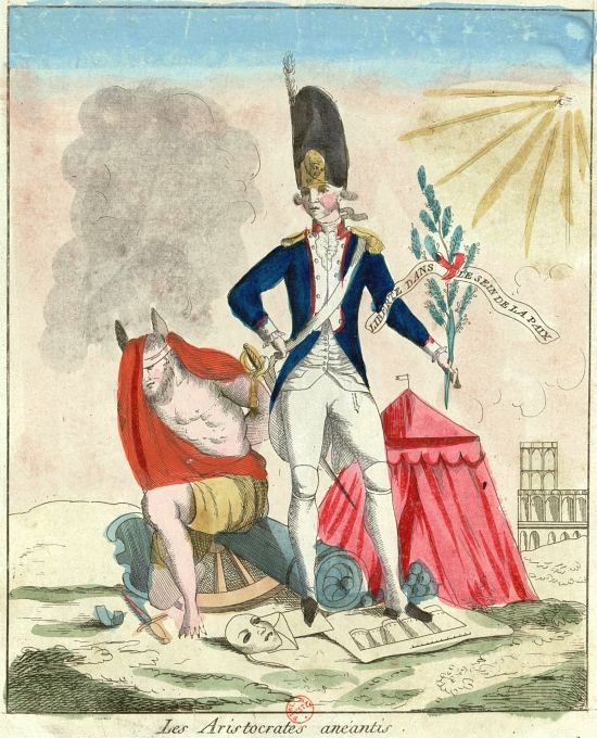 Les aristocrates anéantis (un capitaine de la garde nationale vient d'enchaîner le démon de l'aristocratie à une pièce de canon renversé sur son affût). Gravure allégorique révolutionnaire publiée en 1790
