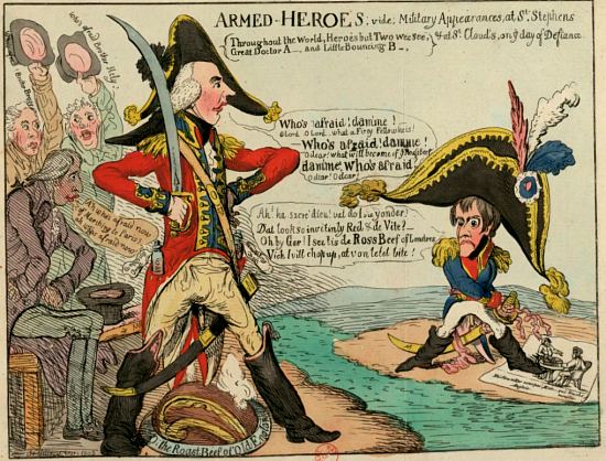 Armed heroes. Eau-forte coloriée réalisée par James Gillray et publiée le 18 mai 1803