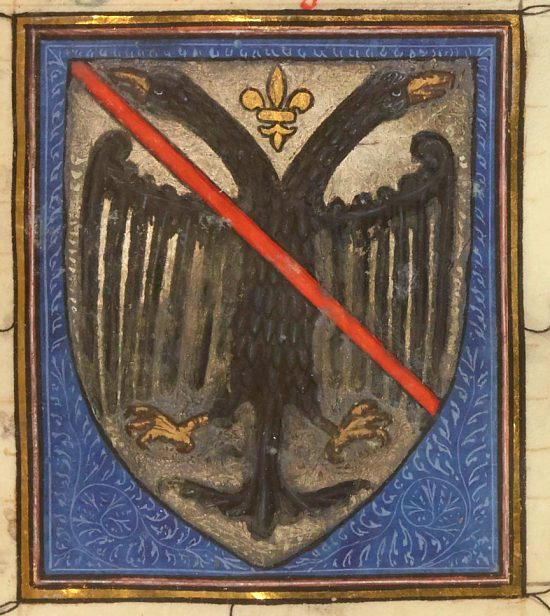 Armes à l'aigle d'Occident. Enluminure tirée du manuscrit (cote 12399) Le Roy Modus et la royne Ratio, qui parle des deduis et de pestilence (XIVe siècle)