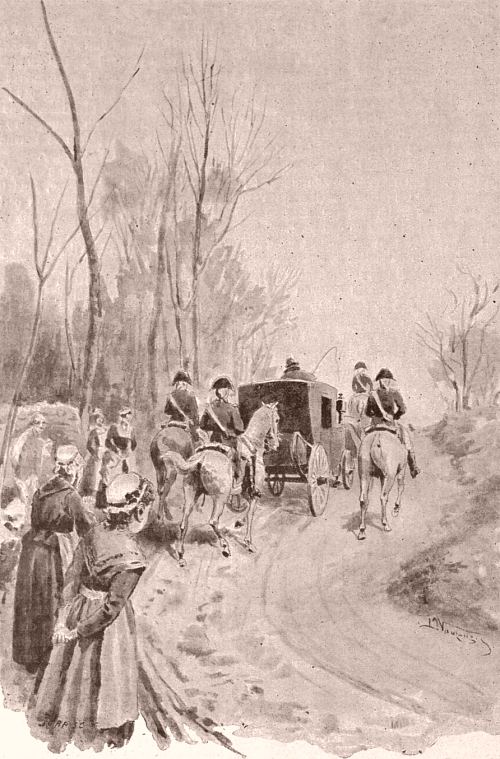 Un agent du Comité de la Sûreté générale fit monter Birou dans une belle berline pour l'emmener à Paris. Gravure de Vauzanges extraite du Monde illustré paru en 1900