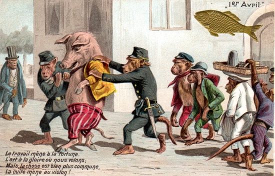 L'arrestation d'un cochon par des singes. Chromolithographie humoristique de 1910
