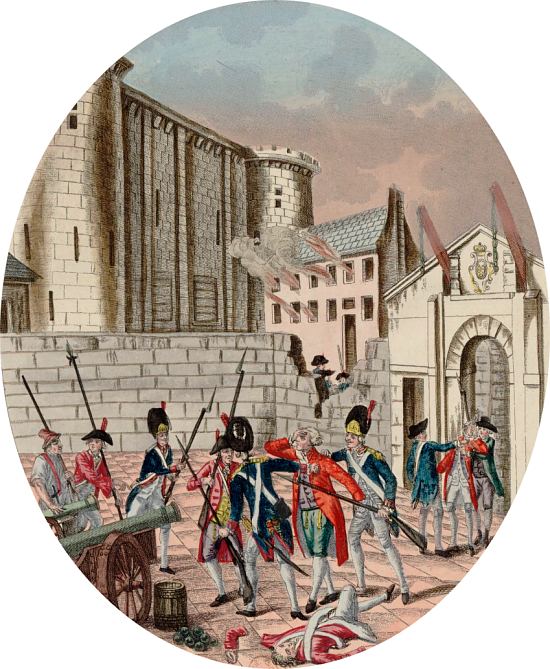 Arrestation du gouverneur Bernard-René Jourdan de Launay lors de la prise de la Bastille le 14 juillet 1789. Gravure de Martial Deny (1789)