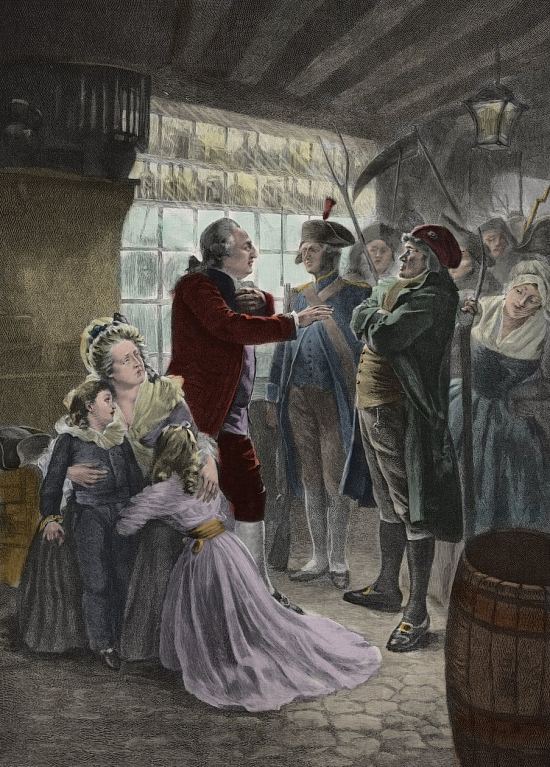 L'arrestation du roi et de sa famille à Varennes. Gravure de Georges Roussin (1854-1941)