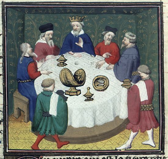 Arthur et ses chevaliers. Enluminure du Maître de Rohan extraite de De Casibus virorum illustrium (manuscrit de la BnF n°226 copié au XVe siècle) par Jean Boccace (1313-1375)