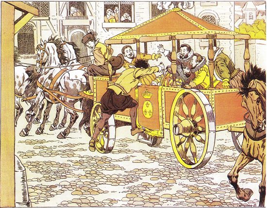 Dans la rue de la Ferronnerie, Henri IV est assassiné par François Ravaillac. Illustration de Job (Jacques Onfroy de Bréville) paru dans Le Bon Roy Henry, par Abel Hermant (1894)