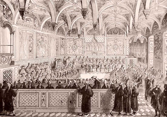 L'assemblée du Parlement de Paris sous le règne de Louis XVI en 1787. Gravure du XIXe siècle