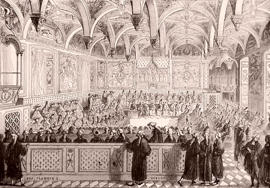 L'assemblée du Parlement de Paris sous le règne de Louis XVI en 1787. Gravure du XIXe siècle L'assemblée du Parlement de Paris sous le règne de Louis XVI en 1787. Gravure du XIXe siècle