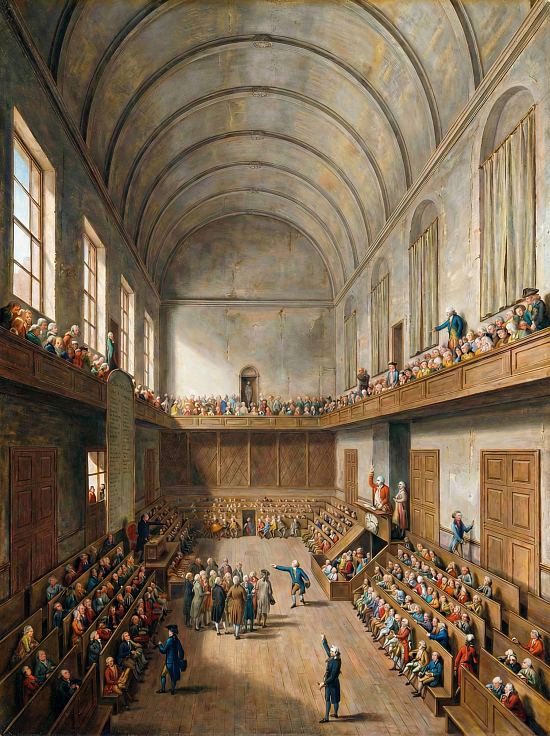 Une séance de l'Assemblée législative dans la Salle du Manège (palais des Tuileries, à Paris). L'Assemblée constituante y siégea après octobre 1789, puis l'Assemblée législative, avant la Convention nationale (jusqu'en mai 1793). Dessin réalisé d'après une aquarelle de Louis-Joseph Masquelier (1741-1811) représentant la séance du 10 août 1792 de l'Assemblée